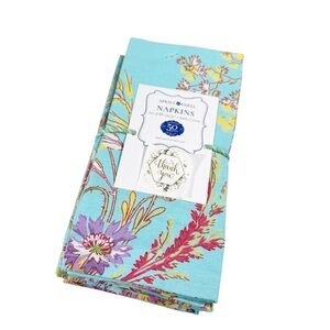 NEW April Cornell FLORAL TURQUOISE, YELLOW & PINK NAPKIN Set/10